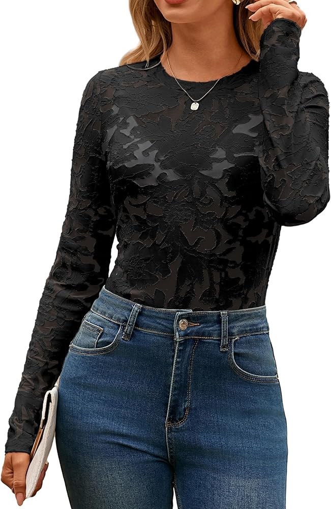Glamaker Womens Mesh Long Sleeve Tops Lace See Through Sexy Crew Neck Eyelet Shirts Party Floral ... | Amazon (US)