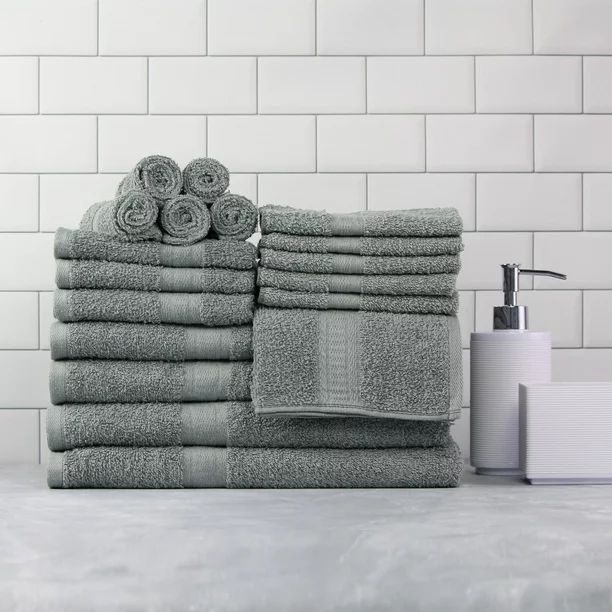 Mainstays Basic Bath Collection, 18-Piece Towel Set, Light School Grey (4 Bath, 4 Hand, 10 Wash) | Walmart (US)