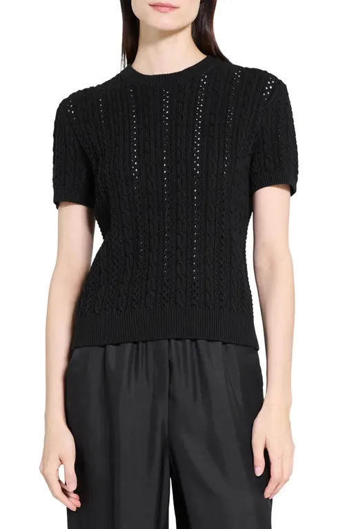 Theory Cable Stitch Short Sleeve Sweater in Black at Nordstrom, Size Petite | Nordstrom