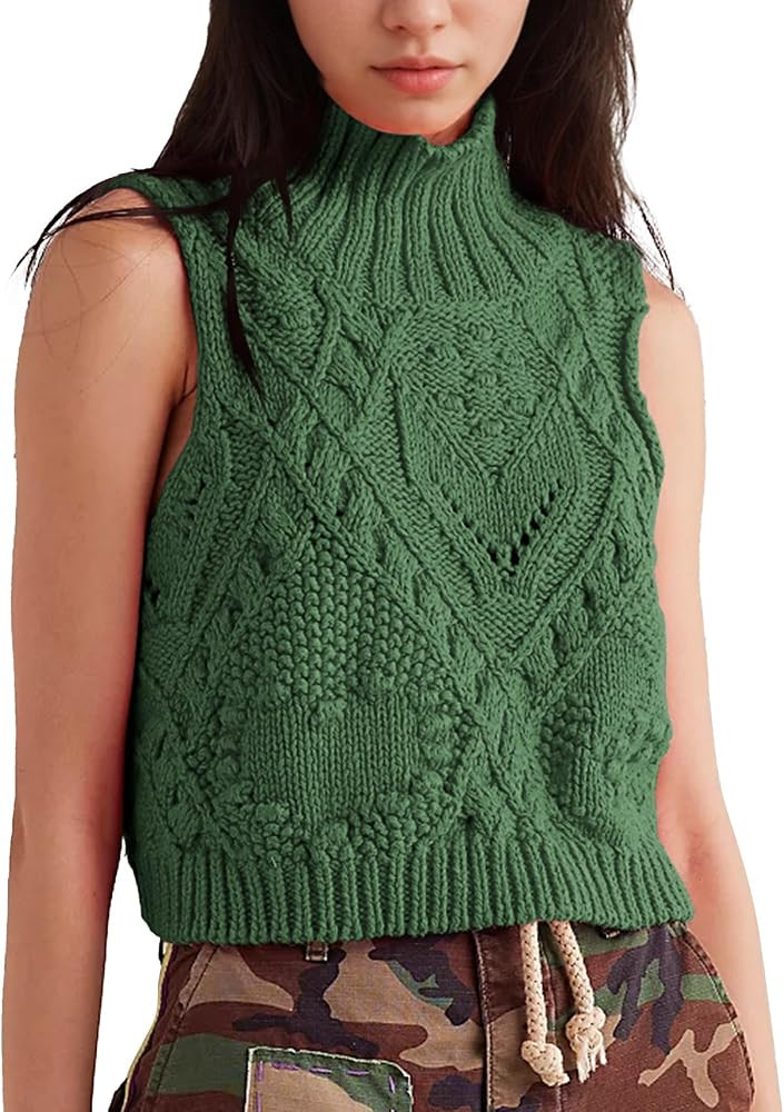 Hixiaohe Turtleneck Crochet Sweater Vest Fall Fashion Knit Sleeveless Tank Tops for Women Lightwe... | Amazon (US)