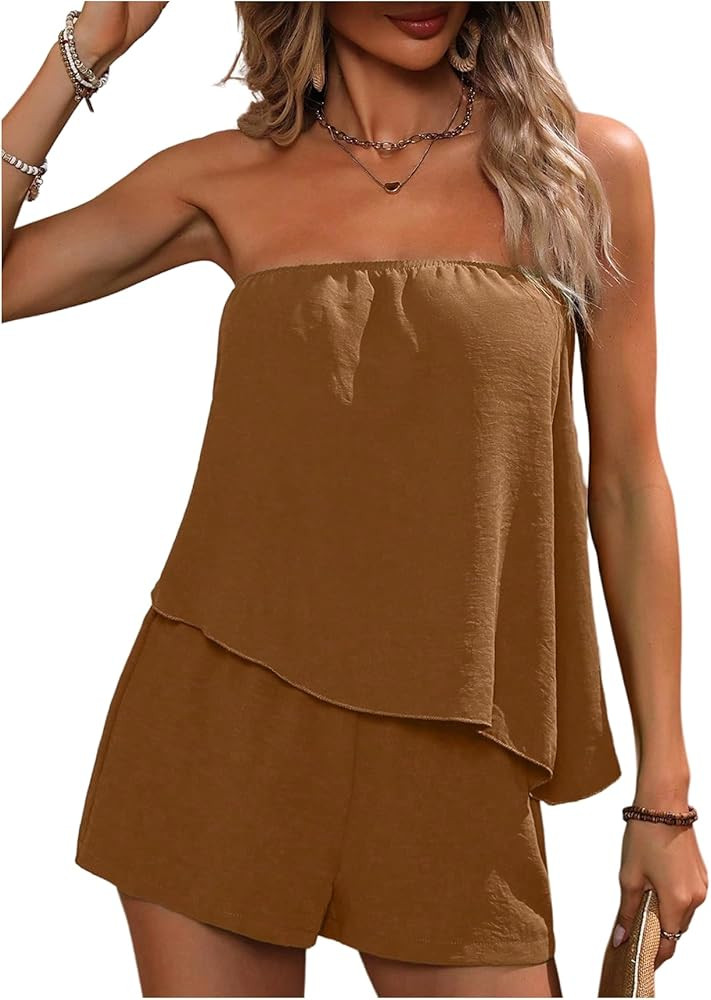 SOLY HUX Women's Summer 2 Piece Outfits Sleeveless Asymmetrical Tube Top and Shorts Set | Amazon (US)