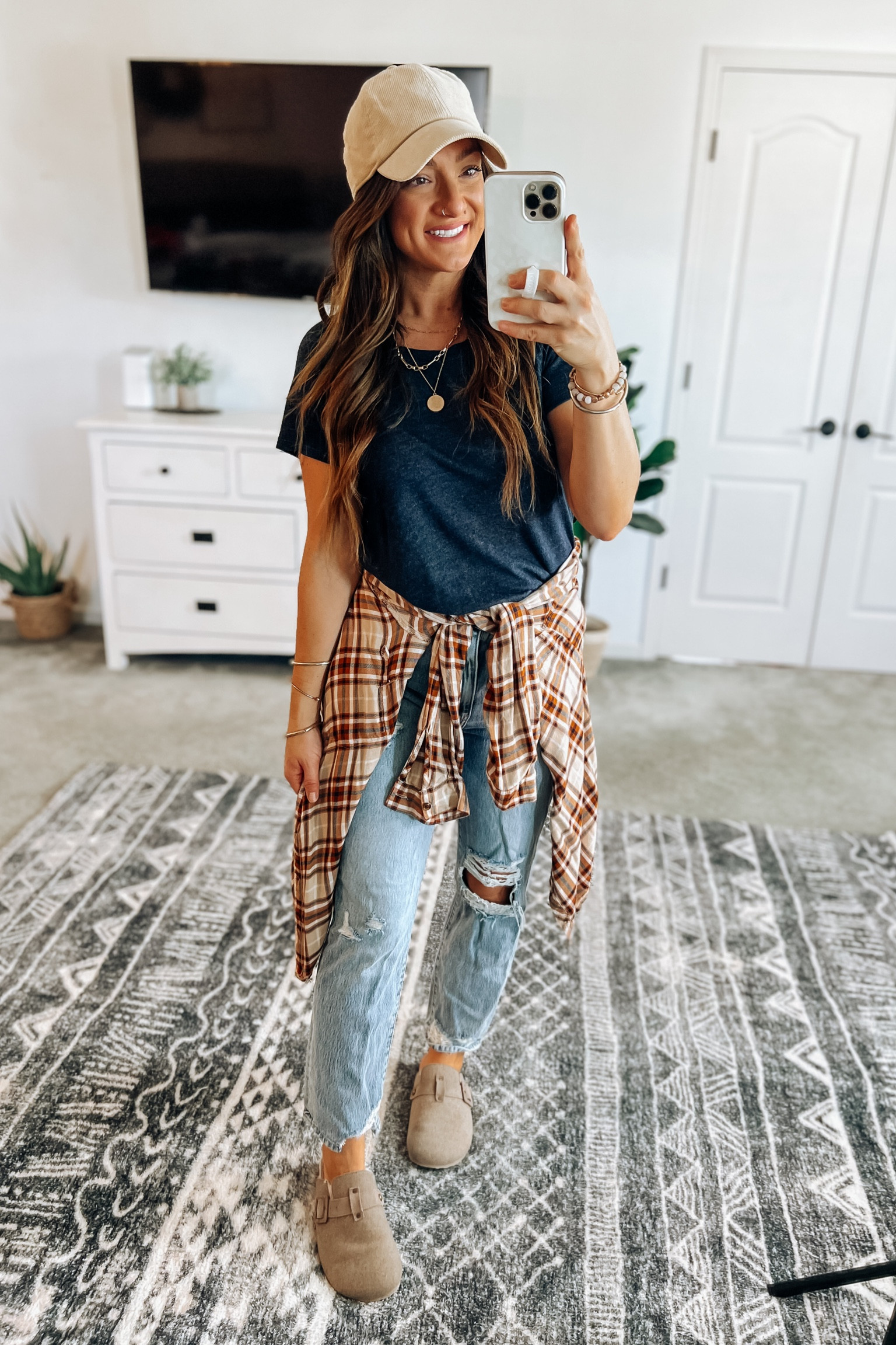 Fall outfit of the day 😘 jeans are on sale! They’re a true denim with no stretch so consider sizing up depending on your waist…im in my true size and love the fit on my butt/legs,  it it’s a little tight for my waist. Plaid is the softest ever and I love the colors 🙌 I do size 0X. Felt clogs available in stone and grey-also so soft on the inside 👍 

#LTKSeasonal #LTKsalealert #LTKstyletip