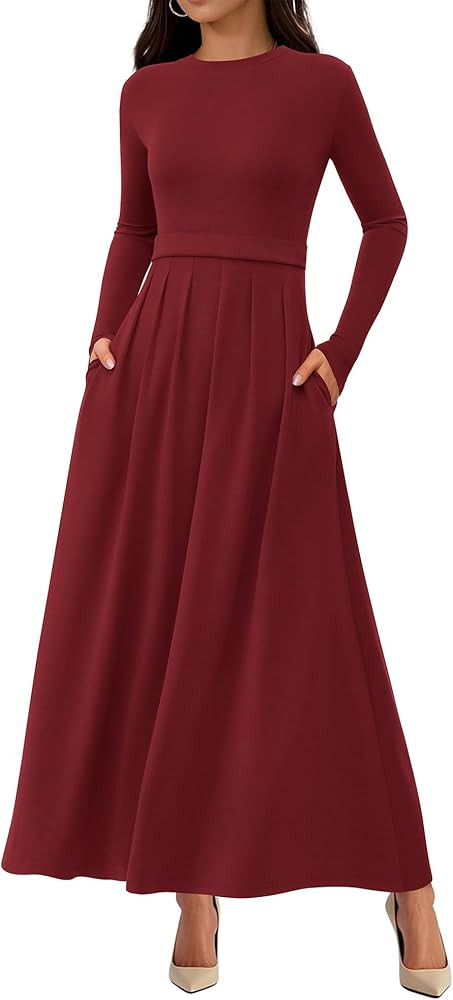 BTFBM Long Sleeve Dress for Women Winter Clothes 2025 Pockets Business Casual Pleated Fall Weddin... | Amazon (US)