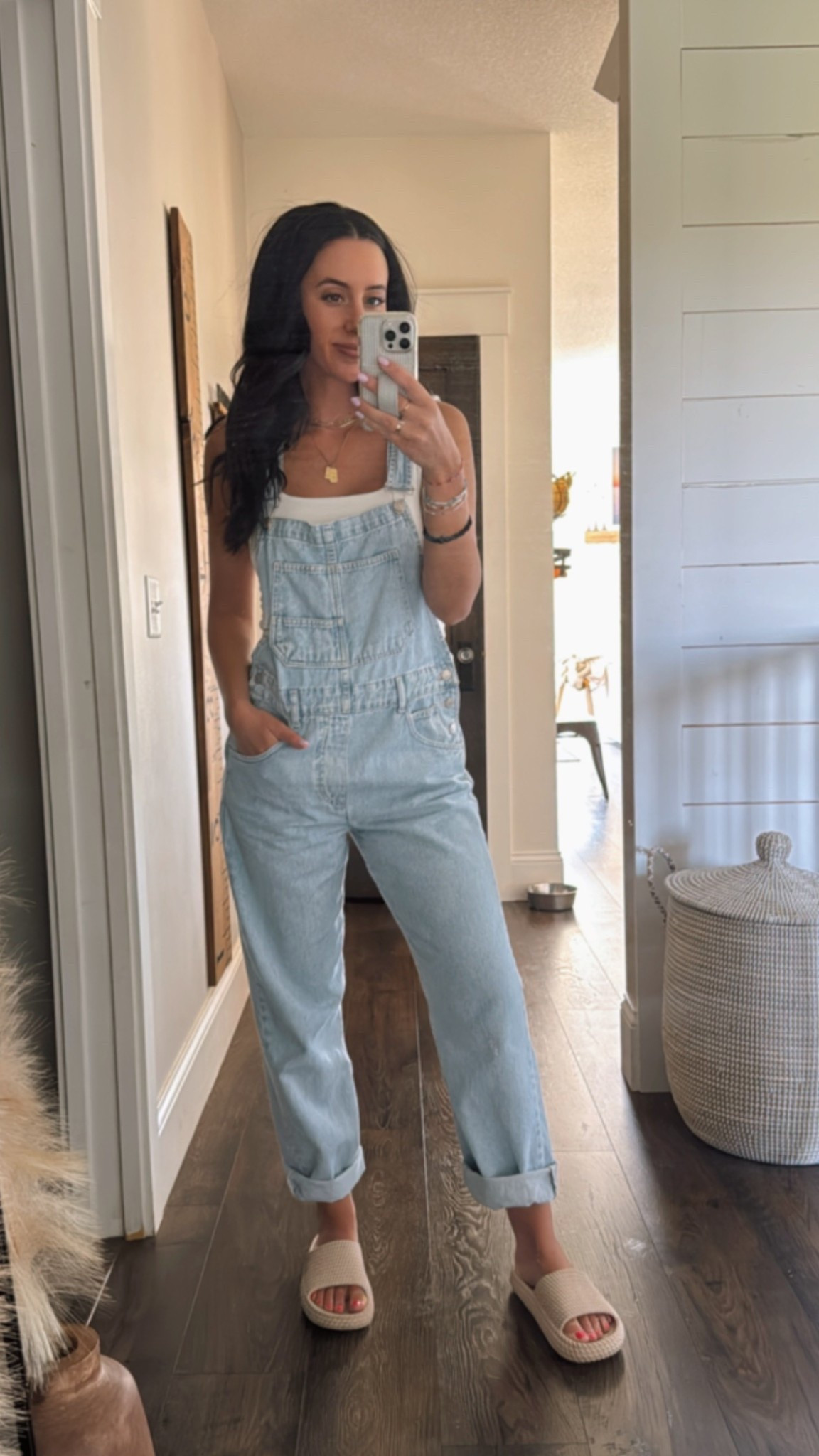 Overalls, easy layers, and comfy slides = my whole summer vibe☀️🧋🌺 (my color of overalls is OOS, so linking the same style in different color options as well as a very similar color but slightly different overall style) 🤍 

#LTKFindsUnder100 #LTKBeauty #LTKStyleTip