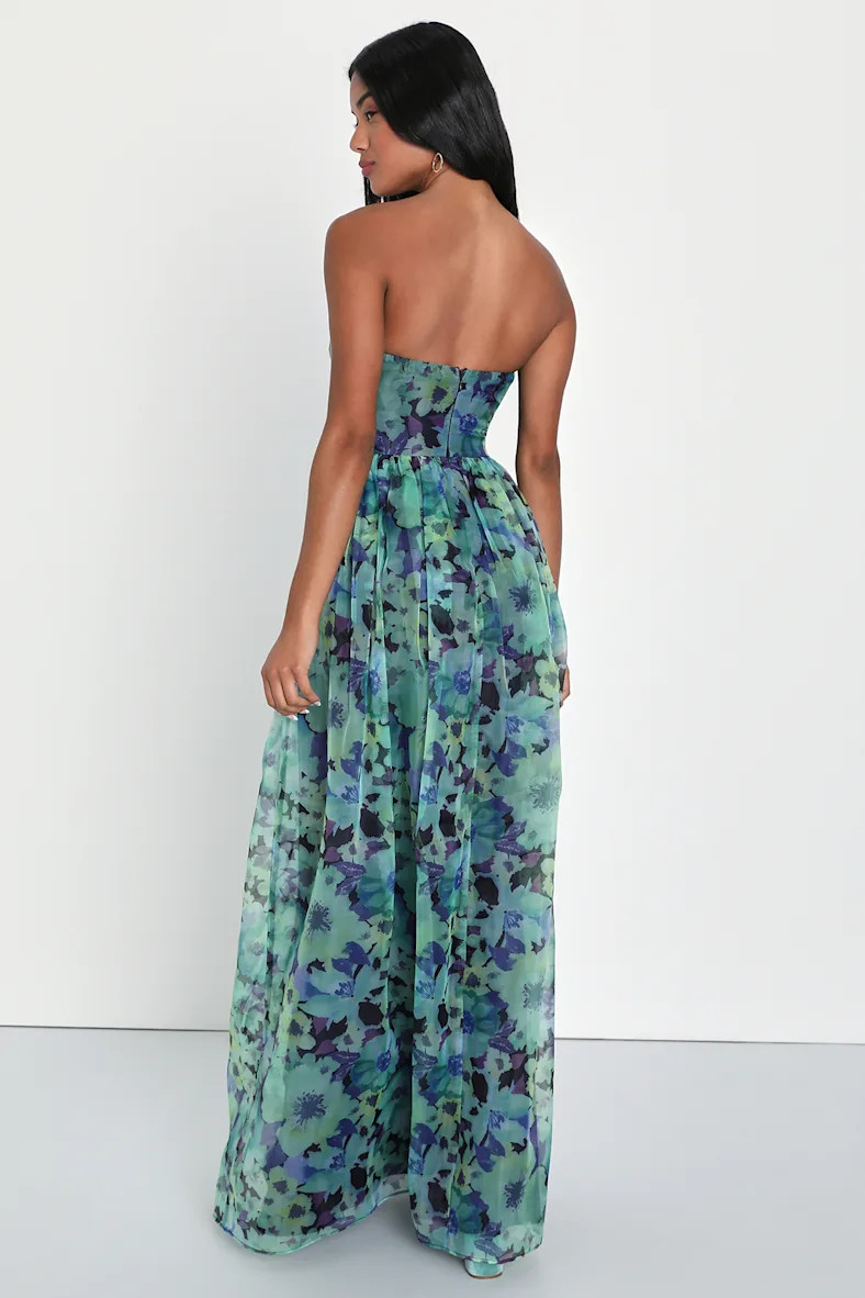 Wonderful Waltz Green Floral Print Strapless Bustier Maxi Dress | Lulus
