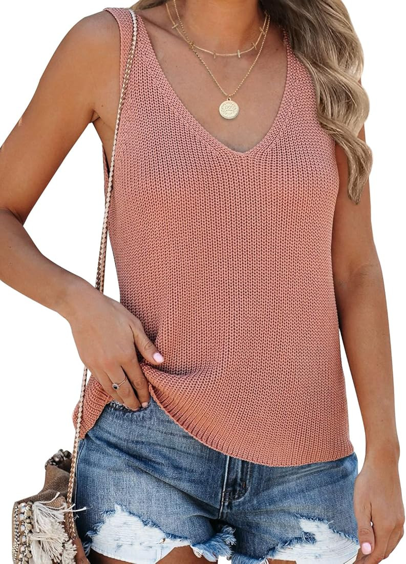 Tutorutor Womens Summer Sleeveless V Neck Sweater Vest Fall Knitted Loose Cami Tank Tops | Amazon (US)