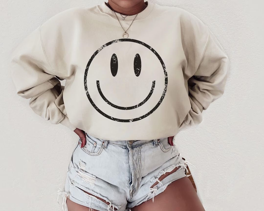 Distressed Vintage Look Smile Face Crewneck Sweatshirt, Retro Smile Shirts, Smile Graphic Sweatsh... | Etsy (US)