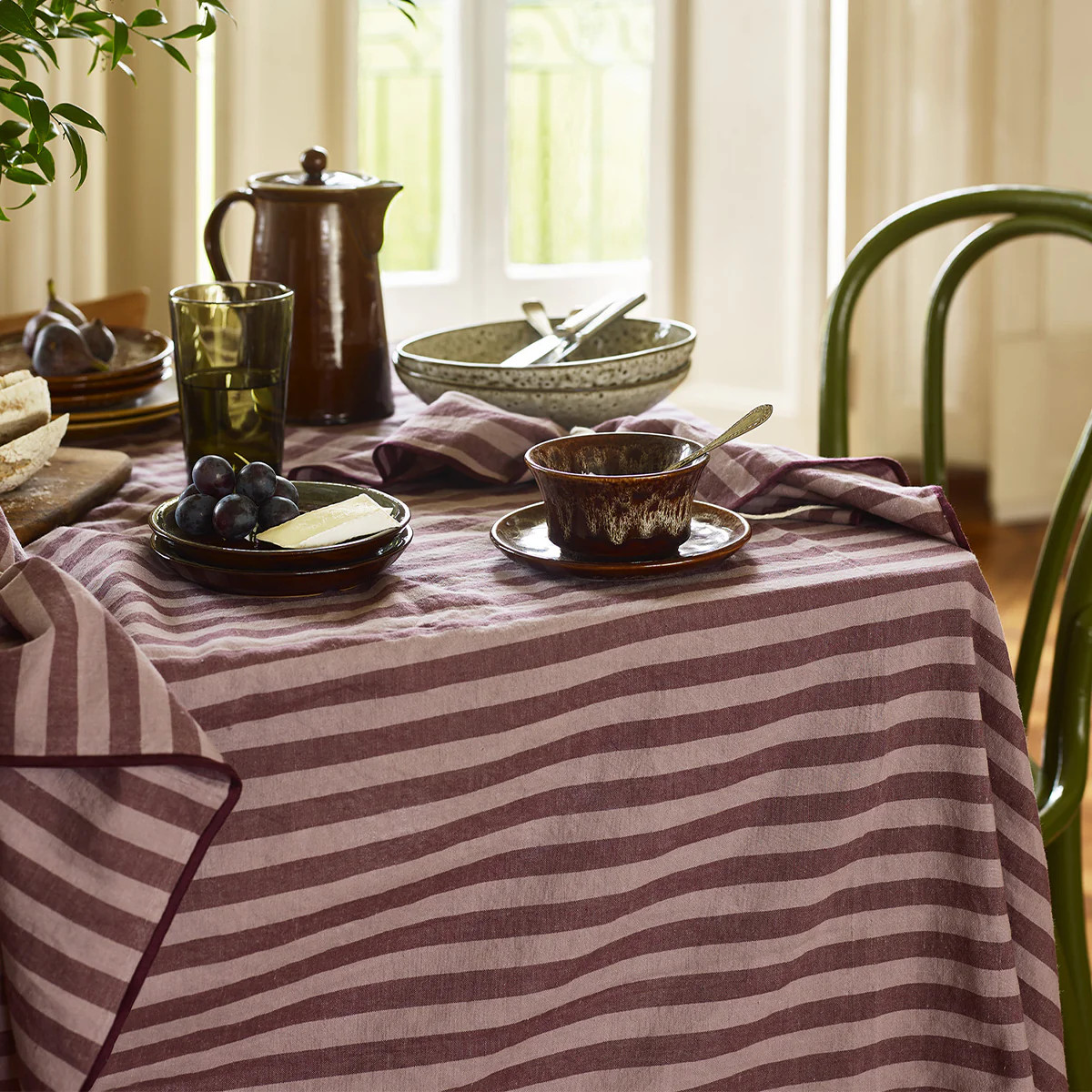 Plum Wine Amberley Stripe Linen Tablecloth | Piglet