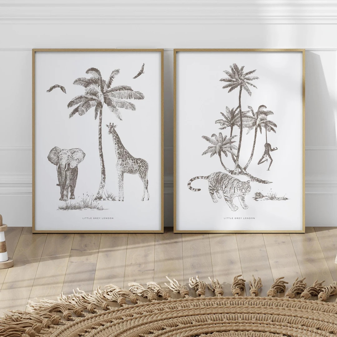 Toile De Jouy Safari Animals Set of 2 Prints, Neutral Toile De Jouy Wall Art, Kid’s Wall Art, S... | Etsy (US)