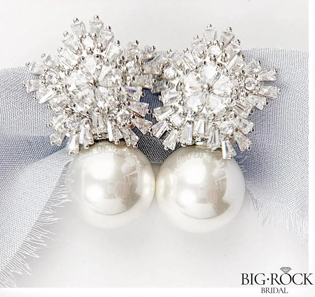 Large Pearl Statement Stud Earrings for Bride-to-be in Silver or Gold - Etsy | Etsy (US)