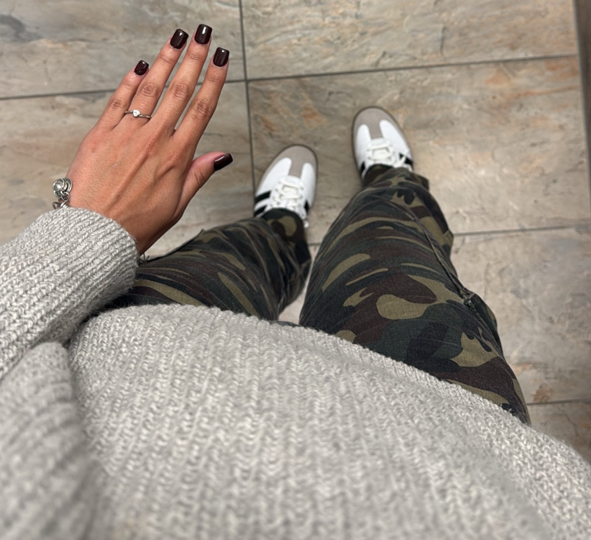 Grey sweater, knit sweater, camo pants, cargo pants, green camo pants, adidas sambas, adidas sneakers, silver jewelry, silver ring, burgundy nails, square nails 

#LTKSeasonal #LTKShoeCrush #LTKStyleTip