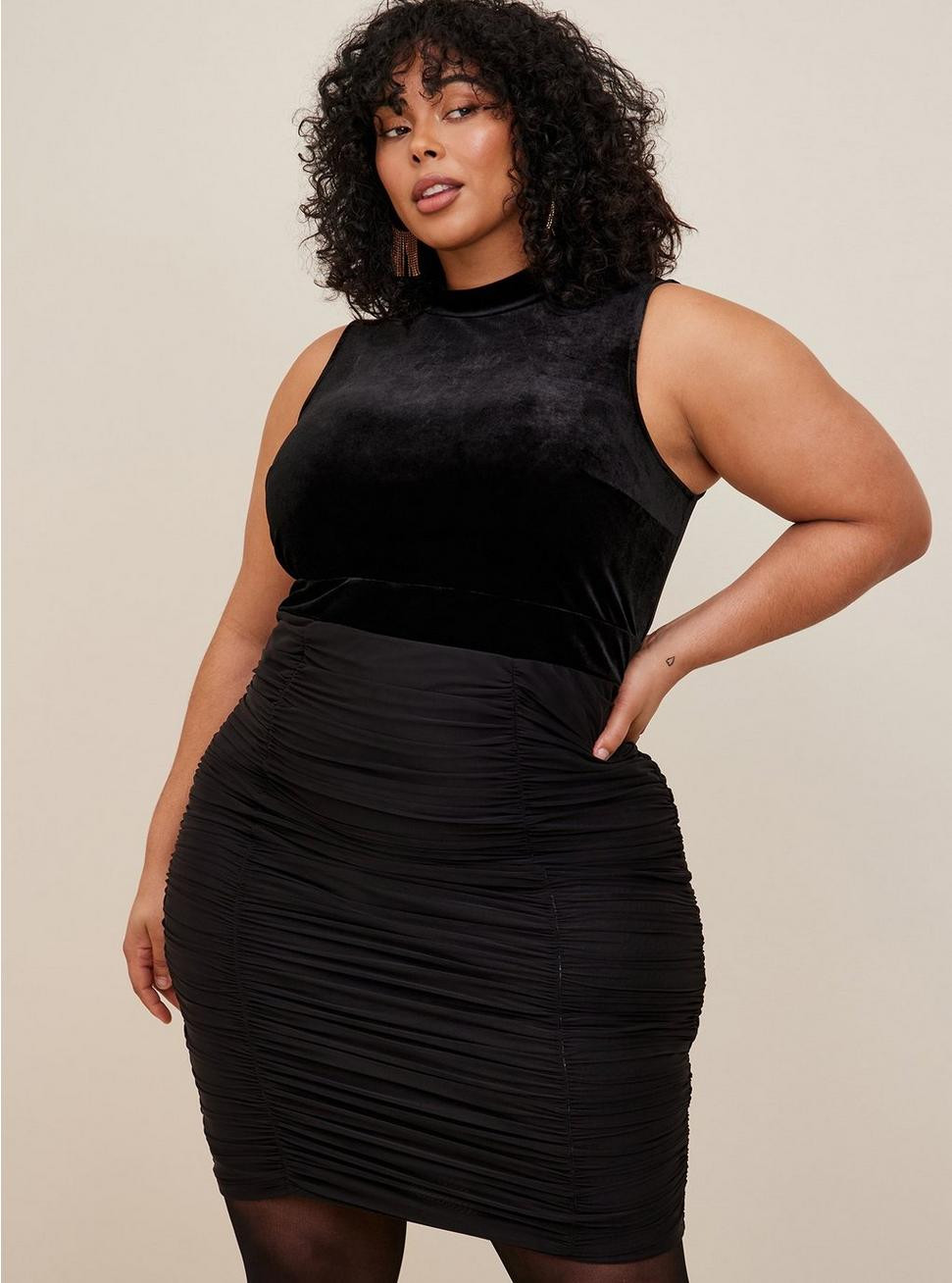 At The Knee Velvet Mesh Ruched Bodycon Dress | Torrid (US & Canada)