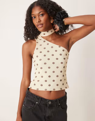 ASOS DESIGN mesh one shoulder scarf detail top in cream spot print | ASOS | ASOS (Global)