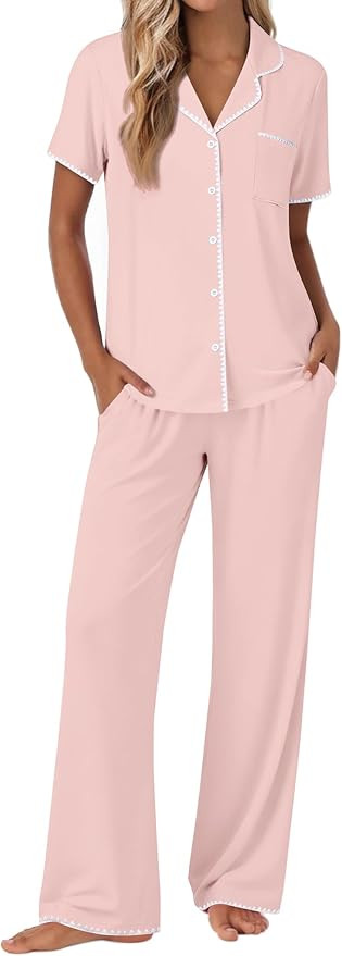 Ekouaer Pajamas for Women Set Button Up Soft Pjs Short Sleeve 2 Piece Lounge Sets Comfy Sleepwear | Amazon (US)