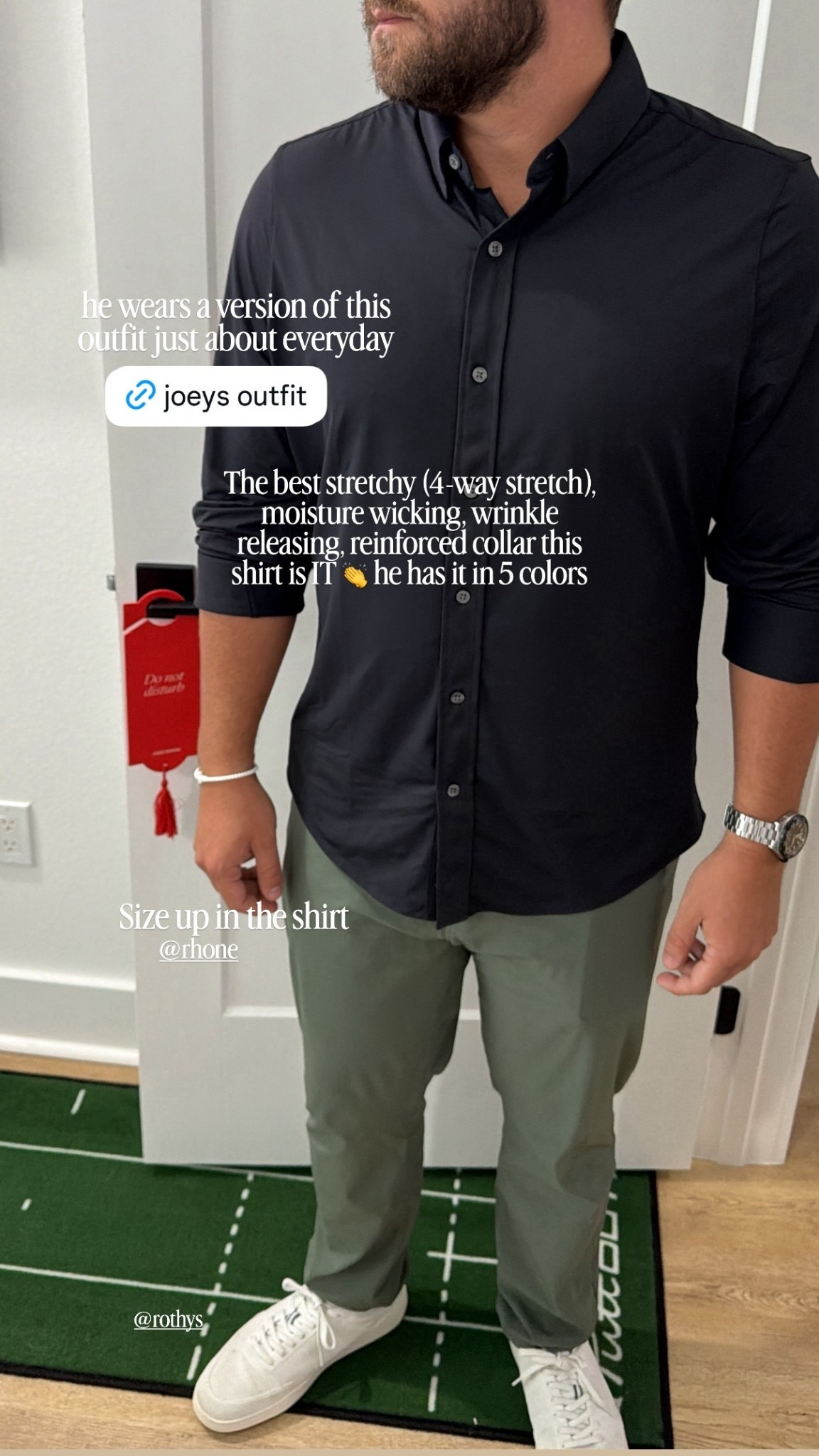 Size up in the shirt  @rothys @rhone  The best stretchy (4-way stretch), moisture wicking, wrinkle releasing, reinforced collar this shirt is IT 👏 he has it in 5 colors
