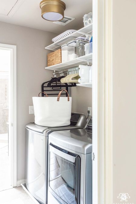 Here’s my organization and storage solution for our small pass through laundry room. Home organization laundry room organization laundry room storage home storage Elfa solution laundry supply storage large laundry basket 

#LTKunder50 #LTKhome #LTKstyletip