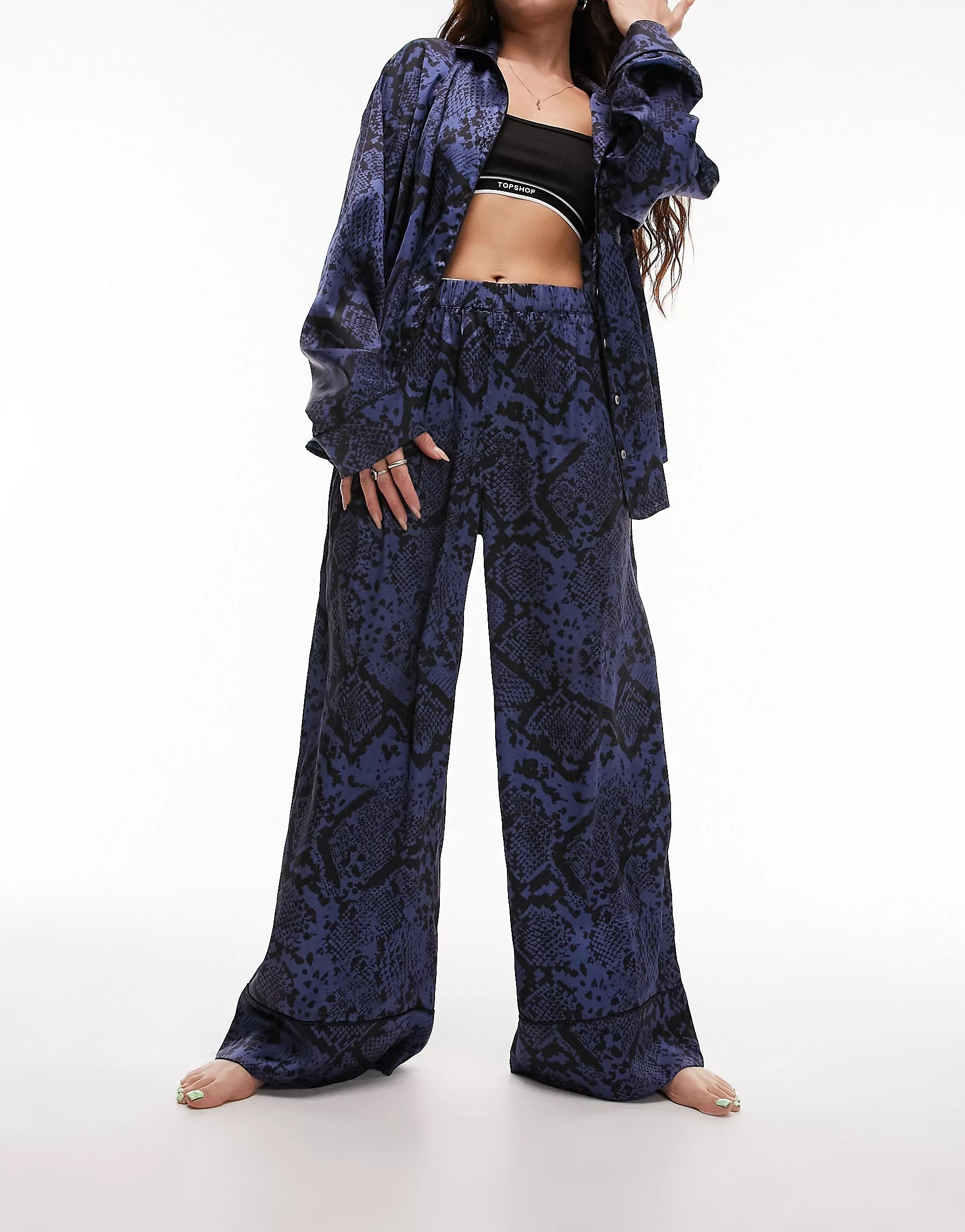 Topshop snake print satin piped shirt and pants pajama set in navy | ASOS (Global)