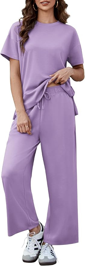 PINSPARK 2 Piece Sets for Women Soft Short Sleeve Matching Lounge Set Wide Leg Pants Tracksuit Tr... | Amazon (US)