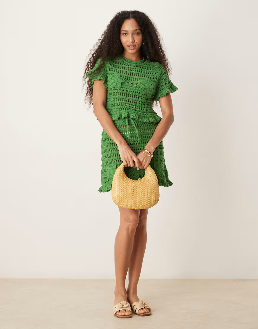 ASOS DESIGN open stitch mini skirt with crochet appliques in khaki green - part of a set | ASOS (Global)