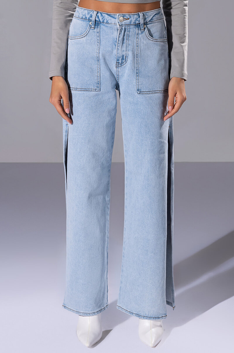 ELIZA DENIM CARGO PANT in light blue denim | AKIRA