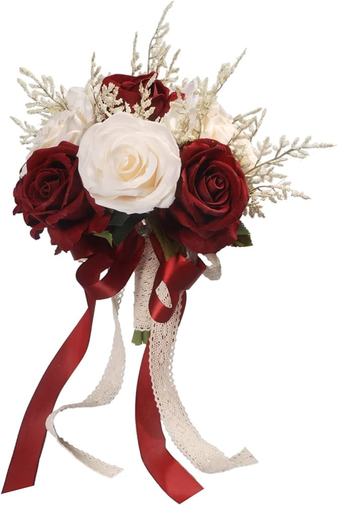 LEIFENY Wedding Bouquets for Bride, Champagne White & Burgundy Rose Bridal Bouquets for Bride, Ar... | Amazon (US)