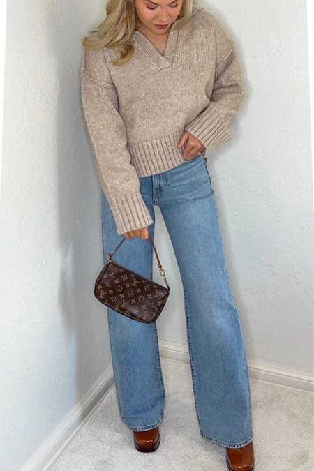Wide leg jeans 
90s 
Vuitton 
Sweater 
Cropped sweater 
Sweater 
Fall Sweater 
Fall outfits 
Fall outfit 
#ltkseasonal 
#ltku
#ltkstyletip #LTKitbag #LTKfindsunder100 #LTKshoecrush
