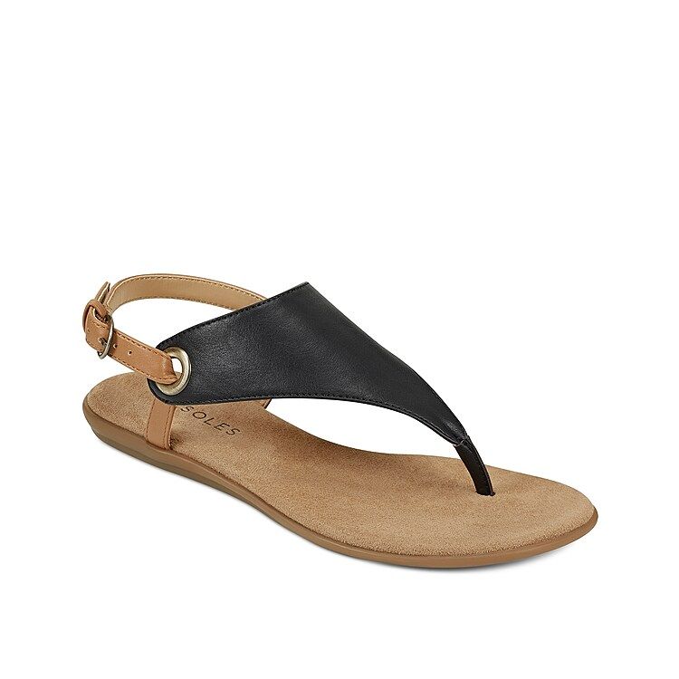 Aerosoles In Conchlusion Sandal - Women's - Black/Cognac - Flat T-Strap | DSW