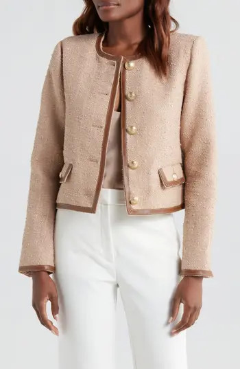 L'AGENCE Zaya Faux Leather Trim Jacket in Cappuccino at Nordstrom Rack, Size 6 | Nordstrom Rack