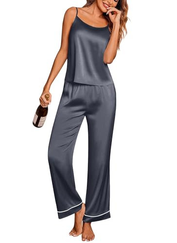 Ekouaer Women Silk Satin Pajamas Sleeveless Pjs Set 2 Piece Summer Loungewear Sleepwear with Pockets Dark gray,L | Amazon (US)