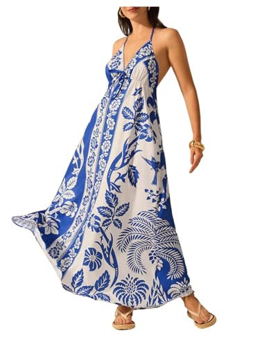 SHENHE Women's Summer Tropical Floral Halter Maxi Dress Open Back Empire Waist Flowy Boho Dress Blue Medium | Amazon (US)