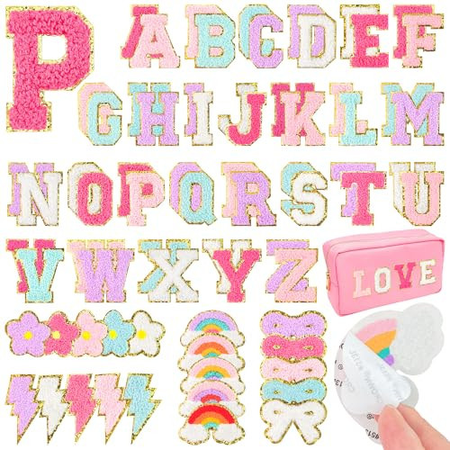 72Pcs Chenille Letters Patches Self Adhesive Include 52 Stick on Varsity Letter Patches 20pcs Bow Flower Rainbow Lightning Chenille Patch Stickers for Trucker Hats Clothes Jackets Bag Backpacks | Amazon (US)