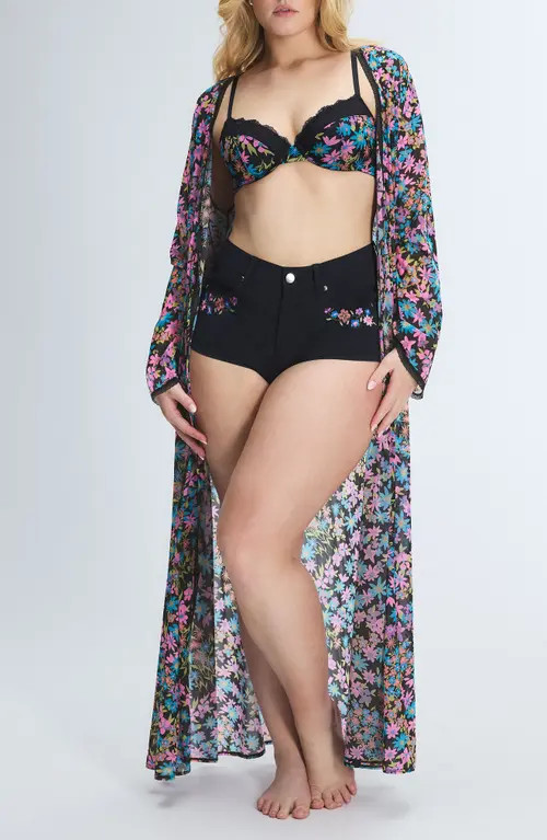 SAVAGE X FENTY On the Prowl Robe in Black Caviar Flower Ditz Print at Nordstrom, Size Medium/large | Nordstrom