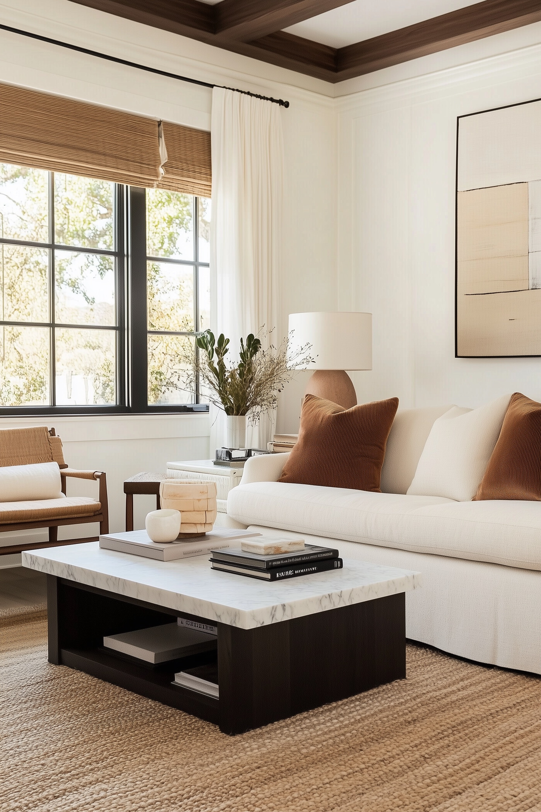 white walls, black window frames, woven shades, jute rug, rust velvet pillows, and a marble-top coffee table. Natural light and organic textures give modern farmhouse, minimalist vibes—warm, airy, timeless decor you can copy for an inviting, relaxed home. 

 #LTKHome #LTKStyleTip