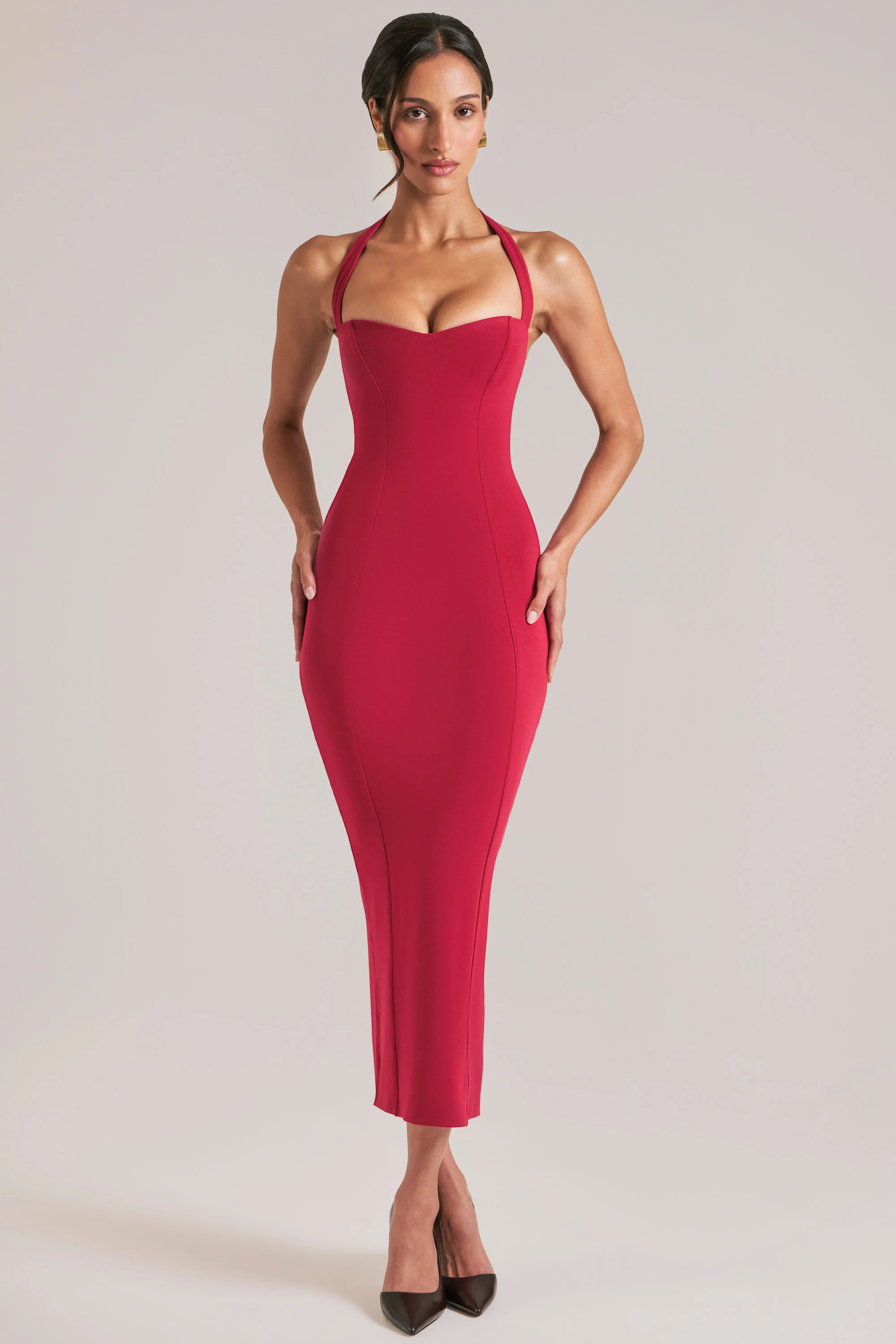 Halterneck Midaxi Dress in Cherry Red | Oh Polly
