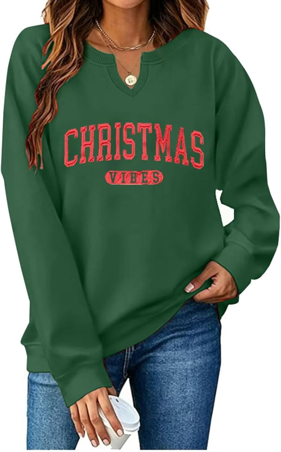 Christmas Sweatshirts for Women Christmas Vibes Letter Graphic Sweatshirt | Amazon (US)