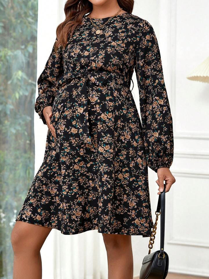 SHEIN Maternity Ditsy Floral Print Lantern Sleeve Belted Dress | SHEIN