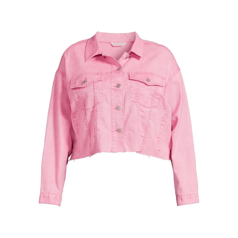 No Boundaries Juniors Plus Size Cropped Denim Jacket with Raw Edge Hem - Walmart.com | Walmart (US)