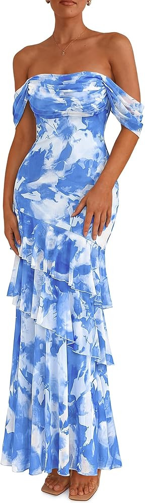 PRETTYGARDEN Women's Formal Cocktail Maxi Dresses 2026 Summer Off Shoulder Floral Mesh Bodycon Sp... | Amazon (US)