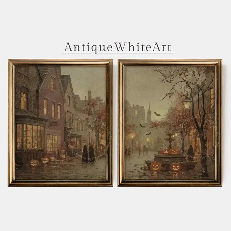 Set of Two Halloween Wall Art, Spooky Street Painting, Moody Vintage Haunted Wall Art, Misty Town... | Etsy (US)