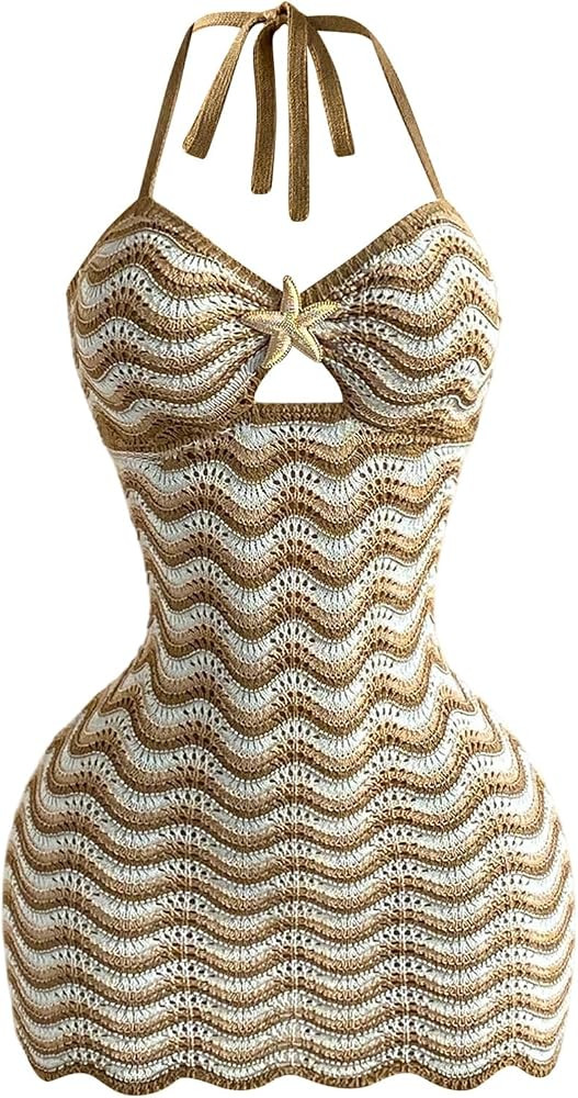 SHENHE Women's Crochet Mini Dress Halter Backless Hollow Out Knit Bodycon Beach Vacation Dress | Amazon (US)