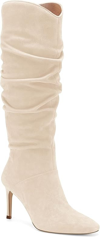 Womens Knee High Boots Faux Suede Almond Toe Stiletto High Heel Slouchy Side Zipper Booties | Amazon (US)