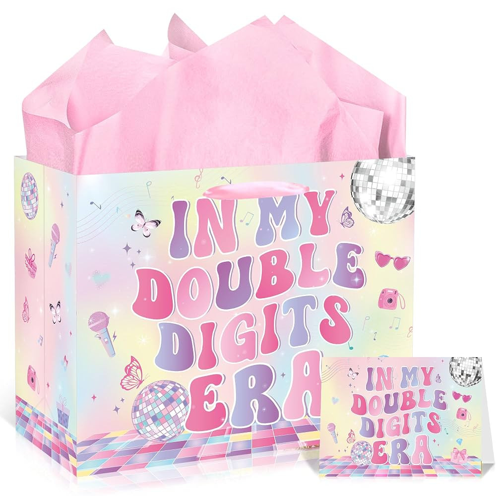 EoBeCy 10th Birthday Gift Bags for Girls, Iridescent Gift Bag with Tissue Paper and Card, In My D... | Amazon (US)