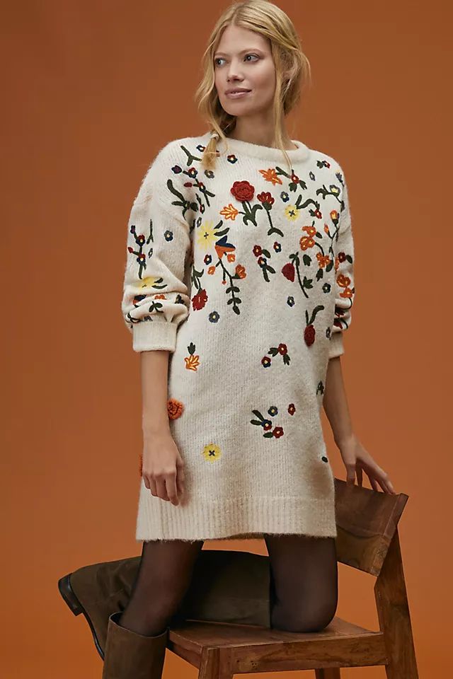 Floral Appliqued Sweater Tunic Dress | Anthropologie (US)