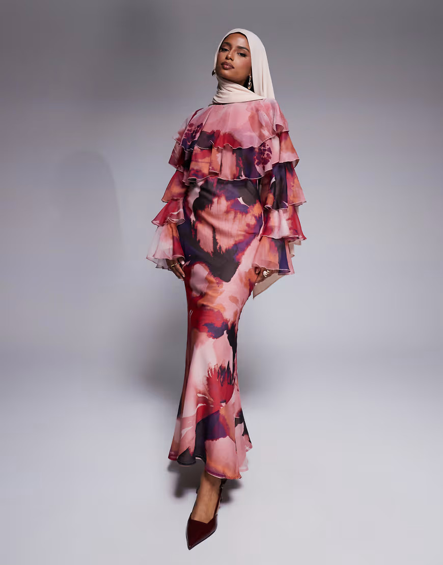 ASOS DESIGN tiered ruffle overlay bias maxi dress in abstract print-Multi | ASOS (Global)