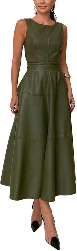 CHARTOU Women PU Faux Leather Sleeveless Elegant Flowy Long Dress Party Night Out Dress with Belt | Amazon (US)