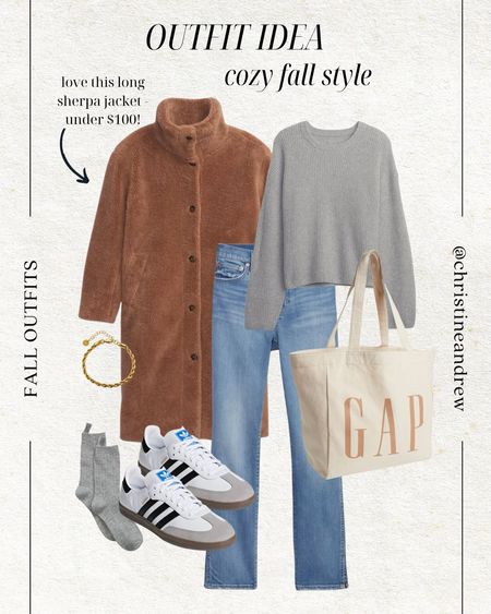 Cozy fall style outfit idea 🤎 I just got this long Sherpa jacket - it’s so cozy and under $100! I have a size medium. This sweater is so cute with jeans or the matching set soft pants - I’ve been living in them 🫶🏼 I have size small in the sweater. 

Fall outfits; fall style; fall fashion; casual style; mom style; gap outfit; gap sale; mom outfit; school drop off outfit; weekend outfit; sherpa jacket; brown sherpa jacket; adidas samba; canvas tote bag; Christine Andrew 

#LTKsalealert #LTKfindsunder100 #LTKHoliday