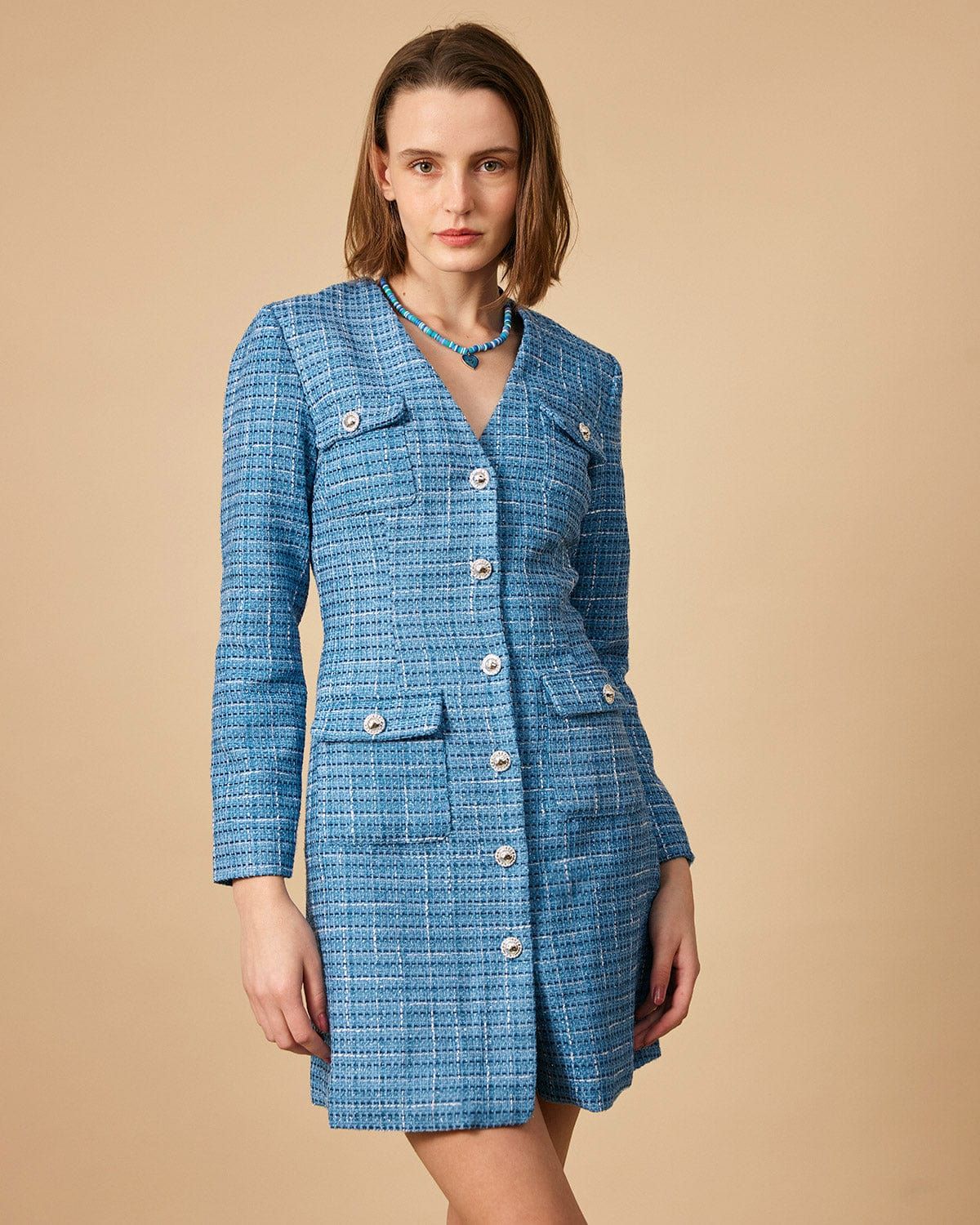 The V Neck Plaid Tweed Long Sleeve Mini Dress - Plaid Tweed Long Sleeve Button Mini Dress - Blue ... | rihoas.com