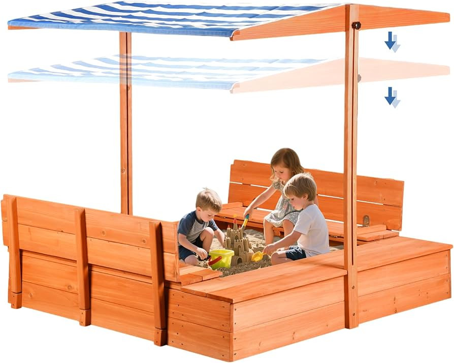 Kids Wooden Outdoor Sandbox with Cover，Sand Boxes with Canopy and Foldable Storage Bench Seats,... | Amazon (US)