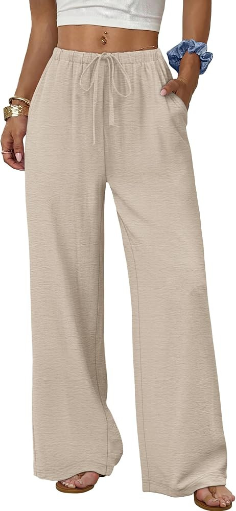 Sampeel Wide Leg Pants for Women Flowy Palazzo Drawstring Elastic Waist Trousers with Pockets Sum... | Amazon (US)