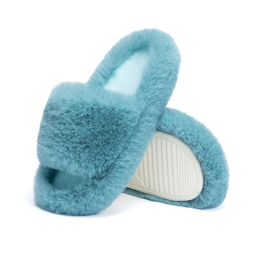 Chantomoo Women's Blue Memory Foam Faux Fur Lined Open Toe Slippers for Women - US 12 | Amazon (US)